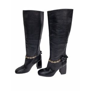 Tory Burch Black Blossom Leather Pull On Block Heel Tall Knee High Boots sz.10